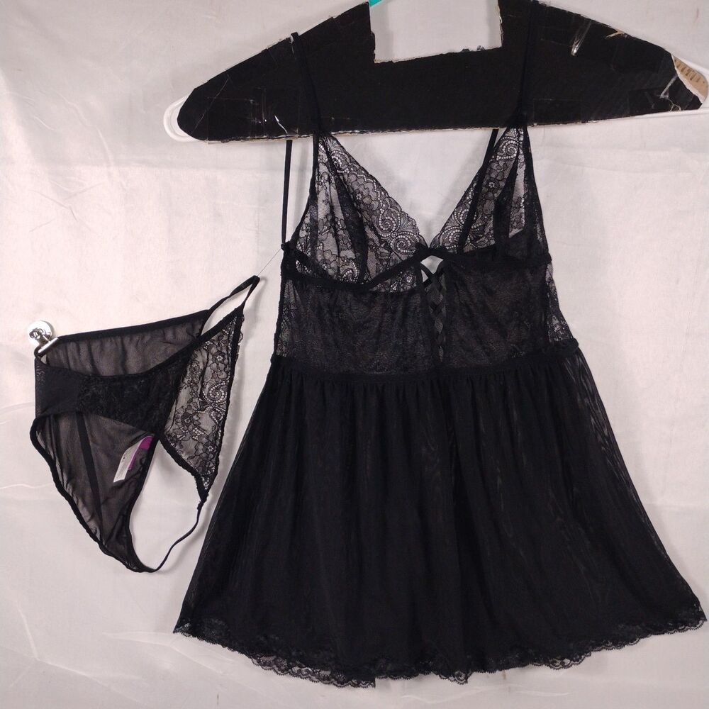 Adore Me Yolandi Set Black Lace Babydoll & Panties Large sheer lingerie New Nwt